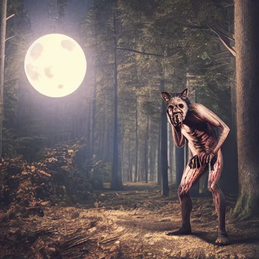 Image similar to man ripping off his skin turning into a werewolf, forest scenery, full moon, illuminated lighting, highly detailed, 4 k