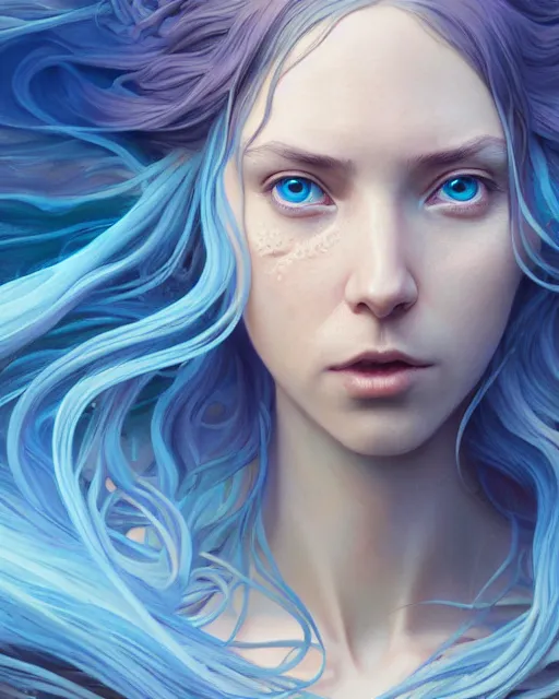 Image similar to highly detailed surreal vfx portrait of female water mage with long - brown flowing hair, blue eyes, stephen bliss, unreal engine, greg rutkowski, loish, rhads, beeple, makoto shinkai and lois van baarle, ilya kuvshinov, rossdraws, tom bagshaw, alphonse mucha, global illumination, detailed and intricate environment