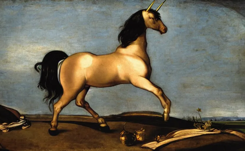Image similar to a unicorn walking on a rainbow in the style of Caravaggio