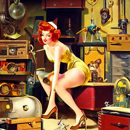 Image similar to gadget hackwrench in her workshop by gil elvgren