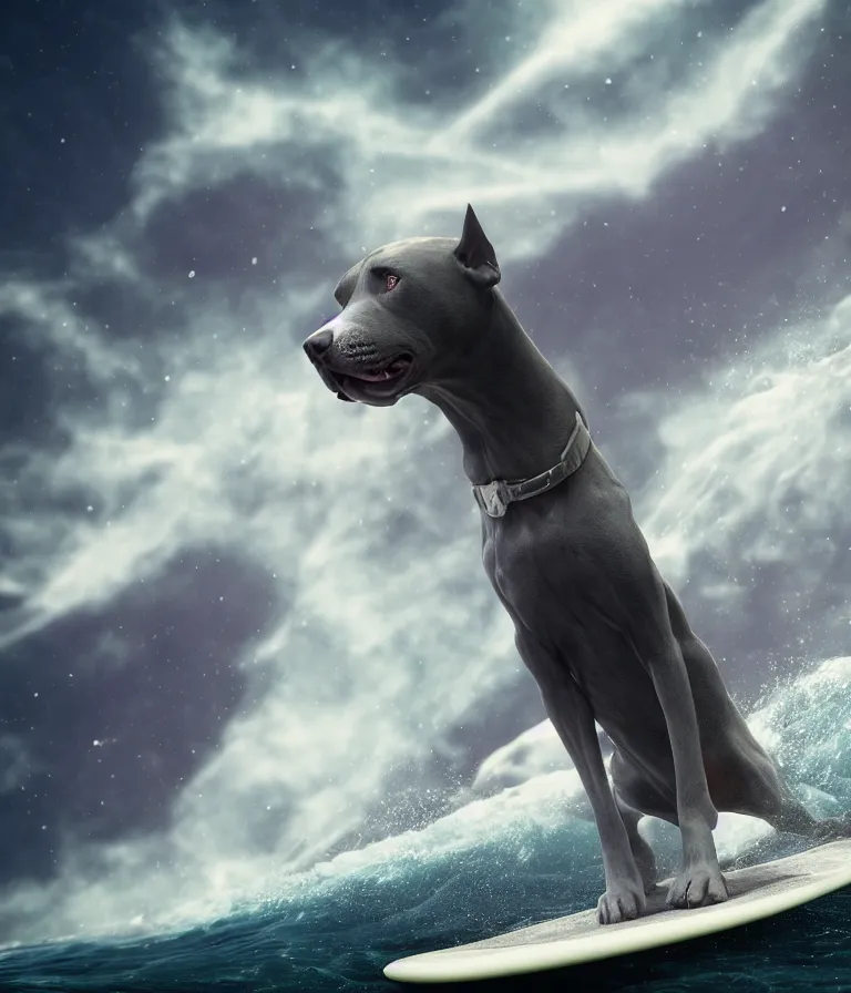 Image similar to photo of a dark gray coat pit bull with a white paws and a white nose!, trending on artstation surfing on a surfboard in a crashing wave of alien ocean in space, background is an alien galaxy, aliens in the background, alien colors, octane render, unreal engine, wide view, 8 k, highly detailed