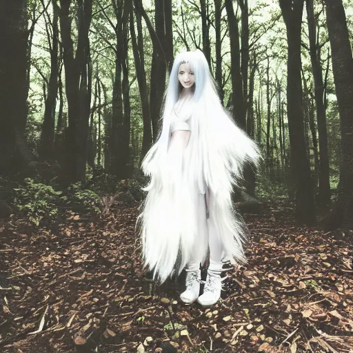 Image similar to a cute white long haired anime foxgirl, in a forest