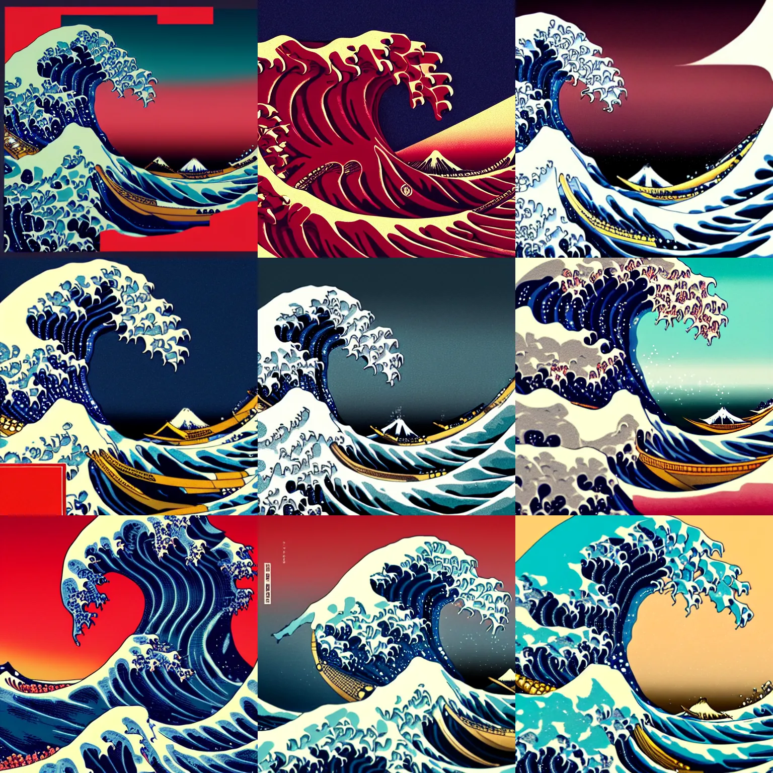 Prompt: The Great Wave off Kanagawa, intricate artwork by Tooth Wu and wlop and beeple. octane render, trending on artstation, greg rutkowski very coherent symmetrical artwork. cinematic, hyper realism, high detail, octane render, 8k, red and black tones