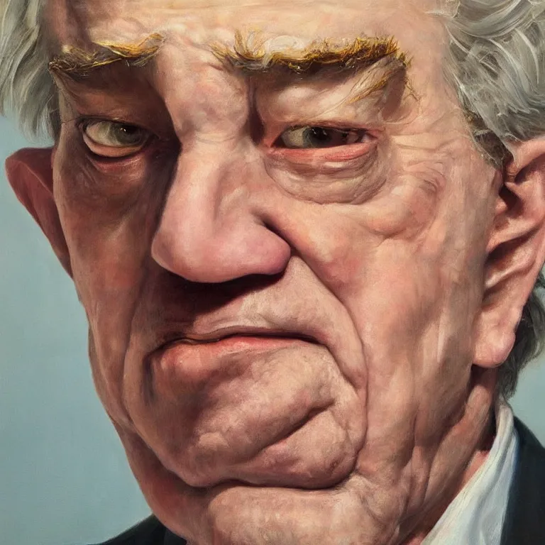 Prompt: hyperrealistic close up studio portrait of aging old Robert Pattinson age 85 wrinkled frowning, oil painting by Ivan Albright and Edward Hopper and Ron Mueck, trending on artstation Studio lighting hyperrealism