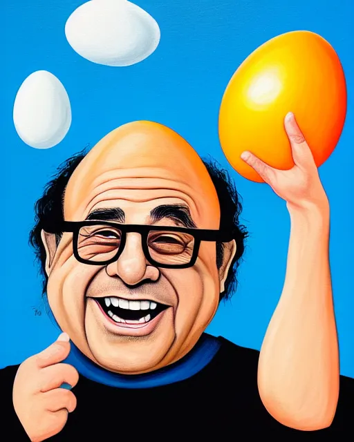 Image similar to painting portrait of danny devito as an egg, cartoon, warm lighting, danny devito has an egg body, movie poster, illustration by bartek fedyczak, erak note, tooth wu, neil richards, kan liu, siwoo kim, jisu choe, trending on art station