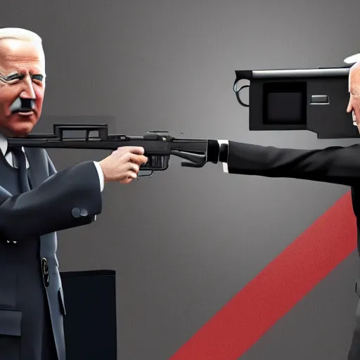 Prompt: adolf hitler shooting joe biden with a pistol, octane render, 4 k, hyper detailed.