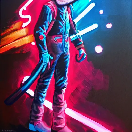 Prompt: last of the neon cowboys, a spectacular painting : 2. 5, by patrick zircher : 2, vibrant casein and acrylic : 2, trending on artstation : 2, vector space : 2. 5