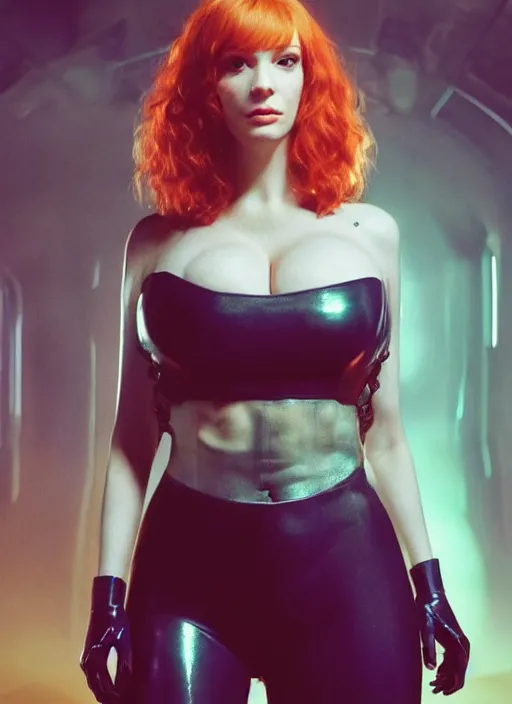 Image similar to facing the camera!!! upper body photograph portrait of a very pretty!!! christina hendricks in cyberpunk 2 0 7 7, dynamic pose, shiny skin, oily, symmetric face!!, petzval lens, sharp focus, smooth, space station. by alesio albi and george lucas and stanley kubrick