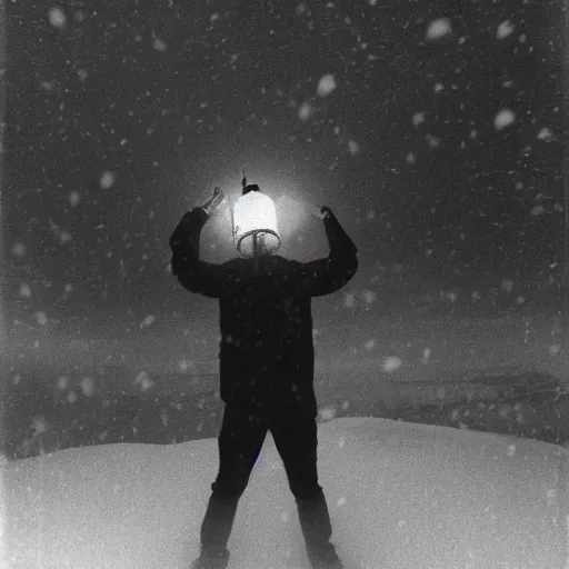 Image similar to a man holds a lantern, snowstorm, alien landscape, foggy, cold, view from the distance, black and white vintage photo