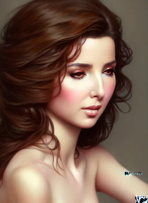 Prompt: glamorous feminine nancy ajram, very detailed face, studio lighting, portrait by Magali Villeneuve and Steve Argyle,Livia Prima,Mucha,fantasy art,beautiful,artstation,trending on artstation,masterpiece