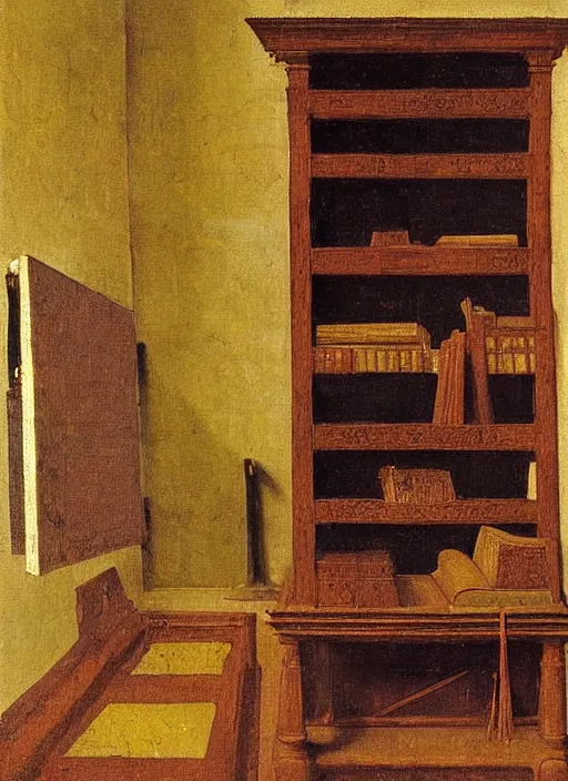 Image similar to bookshelf with books, medieval painting by jan van eyck, johannes vermeer, florence