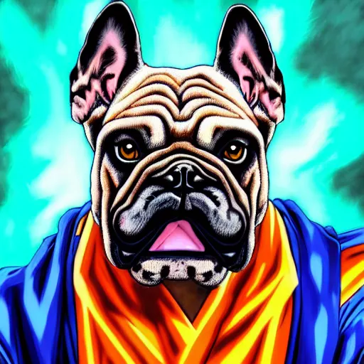 Prompt: ultra realistic portrait painting of a bulldog as super saiyan goku, art by akira toriyama, 4 k, dragon ball artstyle, cel shaded, highly detailed, epic lighting