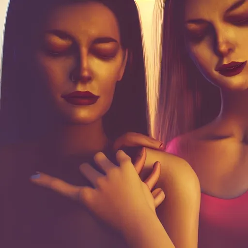 Image similar to devil woman and angel woman holding hands, hyper realistic, volumetric lighting, photo realistic