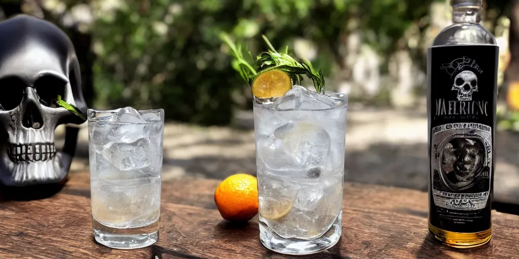 Prompt: gin and tonic being drank by a skull in the American west in the style of Marcelino Truong