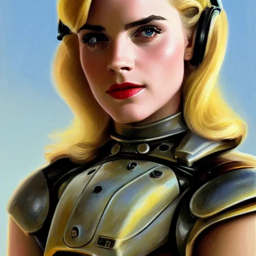 Prompt: A combination of Grace Kelly's and Emma Watson's and Ashley Greene's appearances with blonde hair wearing Power armor, full body portrait, western, D&D, fantasy, intricate, elegant, highly detailed, digital painting, artstation, concept art, matte, sharp focus, illustration, art by Donato Giancola and James Gurney