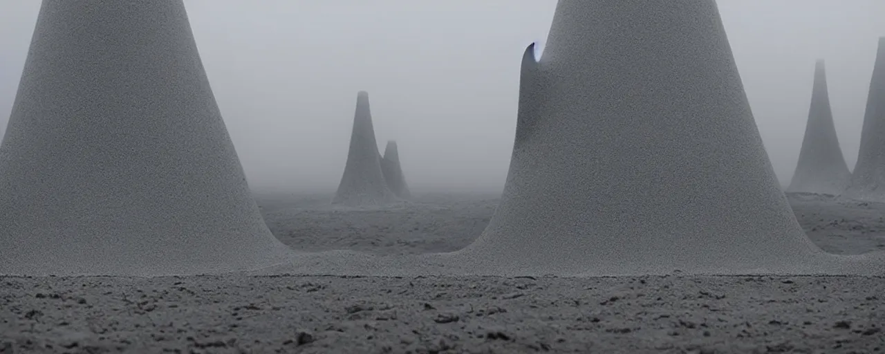 Prompt: huge concrete tetrapods sits inside on the white net, on sand sea coast, on the low fog, film still from the movie directed by denis villeneuve with art direction by zdzisław beksinski, parts by denis villeneuve close up, telephoto lens, shallow depth of field