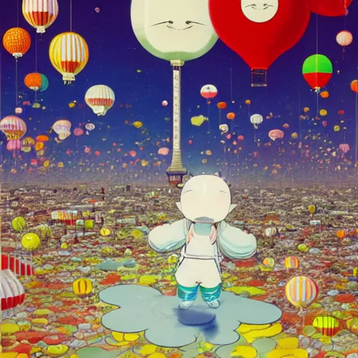 Image similar to a man walking on clouds above kyoto by takashi murakami, beeple and james jean, aya takano color style, 4 k, super detailed