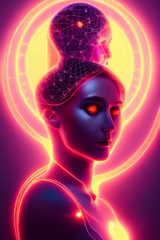 Image similar to portrait of the goddess of artificial intelligence as a holohram of a beautiful girl, in front of a shining orb of data, threads of light in the background, detailed eyes, extremely high quality artwork, very detailed, trending on artstation