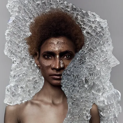 Image similar to full shot of a regal brown - skinned woman wearing an intricate armor made of many layers of ice. no makeup!! freckles!! haunting eyes. vulnerable. fragile. ethereal. elaborate. ice caves. glaciers. refracted light. extremely soft lighting. textures. delicate. translucent. by ray cesar. by louise dahl - wolfe. by andrea kowch. surreal photography.