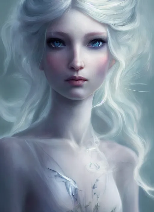 Image similar to pale, beautiful fairy spirit with long hair, pastels, fantasy, elegant, concept art, sharp focus, beautiful face!!, digital art, Hyper-realistic, 4K, Unreal Engine, Highly Detailed, HD, Dramatic Lighting, Beautiful, by Brom, trending on Artstation