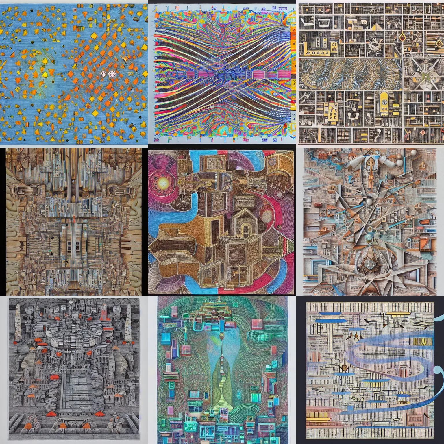 Prompt: 1/10 done, medium: colored pencil, fractal-automaton-isometric-city made of Notation, Symbols, Lines, Sequences, Interpretation, Instructions, Communication, Visuality, Process, form, line, character, surface, space, material, immaterial, sensual, symbolic, conceptual, Series, Variations, Temporalization, Processualization, Notation, Instruction, Form, Sign, Symbol, Movement, Parallel, Sequential, Disordered, Unconnected, Static, Visual, Mental, Iconic, Imaginative. Creative, large-scale, multi-part, process, drawing, repetition, variation, order, chaos, improvisation