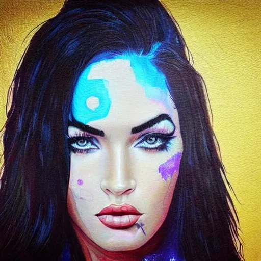 Image similar to “Megan Fox acid paints paintings, ultra detailed portrait, 4k resolution”