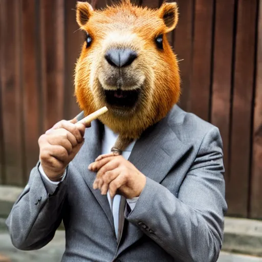 Image similar to an antropomorphic capybara wearing a suit smoking a cigar