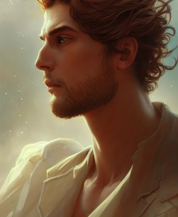 Image similar to portrait close up of guy, concentrated look, symmetry, long hair. d & d, fantasy, intricate, elegant, highly detailed, digital painting, artstation, concept art, art by artgerm and greg rutkowski and alphonse mucha, boris vallejo