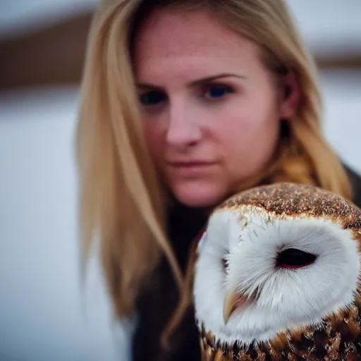 Image similar to symmetry!! portrait photograph shot on petzval lens of an extremely pretty!!! young blonde female with symmetric face. with a very detailed barn owl!!!!! on her shoulder. in iceland. shallow depth of field. featured on flickr, art photography,