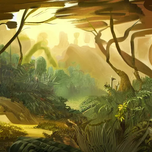 Prompt: a landscape digital painting of a chaotic jungle where several different biomes and climates merge together