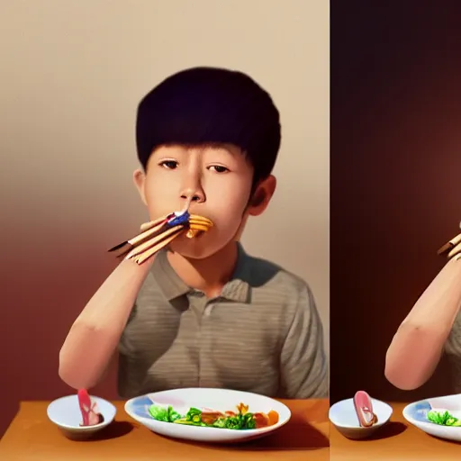 Prompt: a photorealistc digital art of a young asian boy eating noodles, award winning photography, trending on artstation