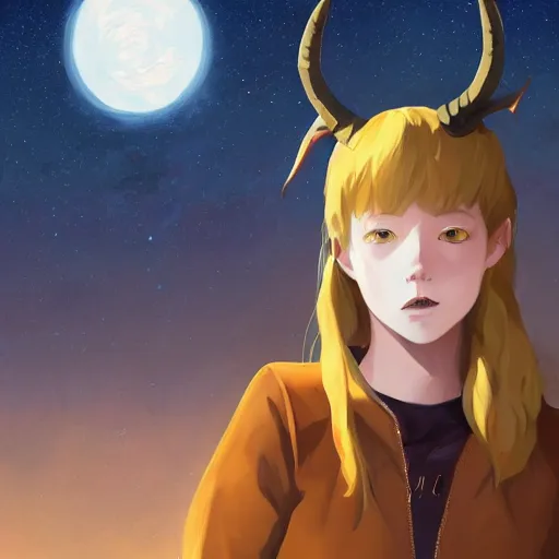 Image similar to portrait of a pale redheaded demon girl with yellow eyes and horns wearing a jacket, galaxy background, highly detailed, digital painting, artstation, matte, by makoto shinkai, animation style, studio ghibli, anime key visual