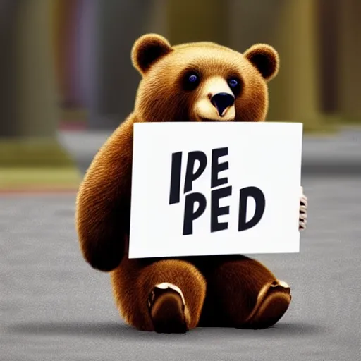 Image similar to a bear holding a'please'sign, in the style of pixar