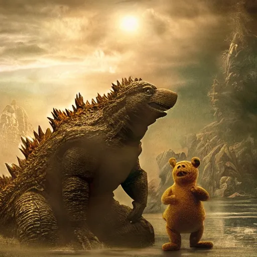 Image similar to godzilla as winnie the pooh as a gigantic muppet, cinematic composition, epic dramatic lighting, realistic, hyperdetailed, photorealistic, photograph, epic scale by gaston bussiere