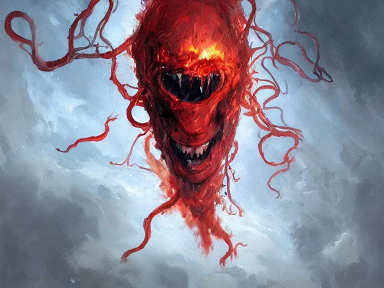 Image similar to painting by greg rutkowski of a flying human head with tears running down it's face face that is chalk white in color, with tentacles coming of the neck, fiery scorching red eyes, flying in a terrying hellish dark cavernous place