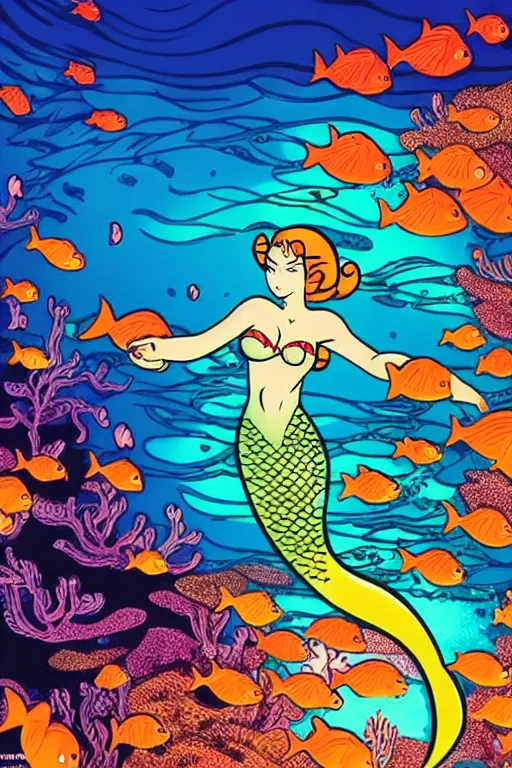 Image similar to mermaid, under the sea, scenery wallpaper aesthetic, beautiful, cinematic, dramatic, super detailed and intricate, hyper realistic, 4 k render, by darwyn cooke, by kentaro miura, by koson ohara, by hasui kawase, by satoshi kon