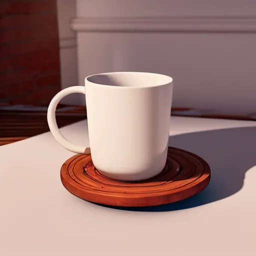 Prompt: White mug, hyperrealism, diffuse shadows, colored lighting, golden hour, unreal engine 5 tech demo, octane render, Frank Lloyd Wright ((Studio Ghibli))