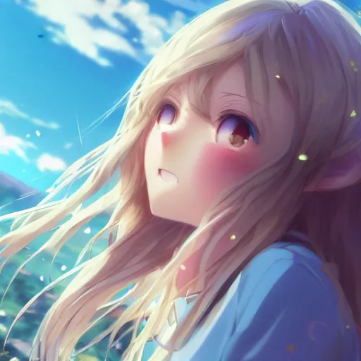 Image similar to a very beautiful anime girl, full body, long wavy blond hair, sky blue eyes, full round face, short smile, cute top, short jeans, summer lake setting, cinematic lightning, medium shot, mid-shot, highly detailed, trending on Artstation, Unreal Engine 4k, cinematic wallpaper by Stanley Artgerm Lau, WLOP, Rossdraws, and Sakimichan