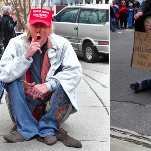 Image similar to donald trump dressed as a homeless man asking for money on the streets, detailed face