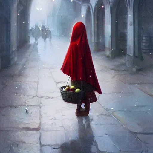 Prompt: a girl with a red cloak holding a basket full of apples, by Jordan Grimmer and greg rutkowski, crisp lines and color,