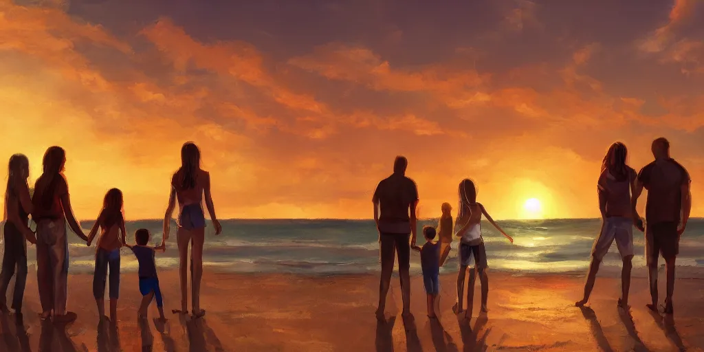 Prompt: family looks on the sunset in Valencia beach artstation detailed