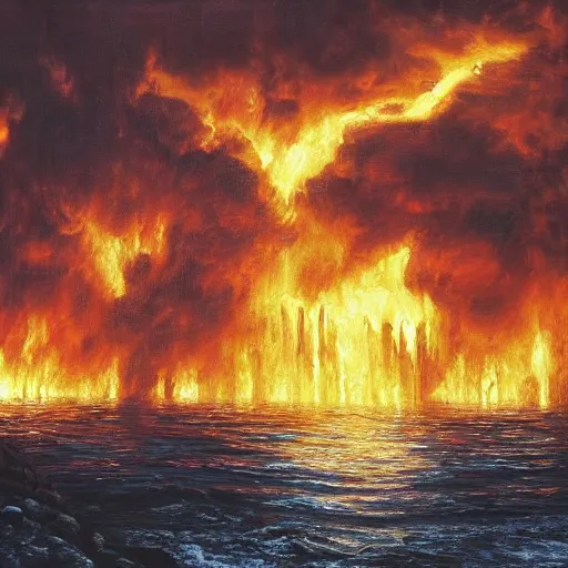 Prompt: big crumbling pillars over raging turbulent waters, conflagration in the background a lot of fire, hyper realistic, oil painting, highly detailed, apocalyptic, intimidating lighting, raytracing, sharp focus, smooth, romanticism, bob ross