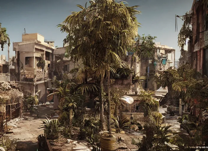 Image similar to casbah algiers post apocalyptic, vegetation, ultra realistic, insane details, cinematic, epic composition, unreal engine, octane render