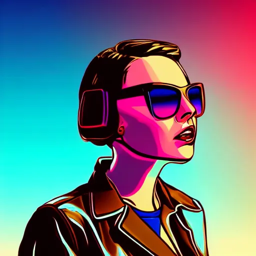 Prompt: a woman with light blue shutter shades in front of a sunset, a dark brown leather jacket, vector art by jan tengnagel, pixabay contest winner, retrofuturism, retrowave, synthwave, outrun, portrait,