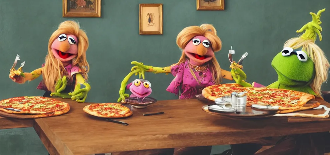 Image similar to an original muppet character sitting at a table with pizza in the style of the dark crystal