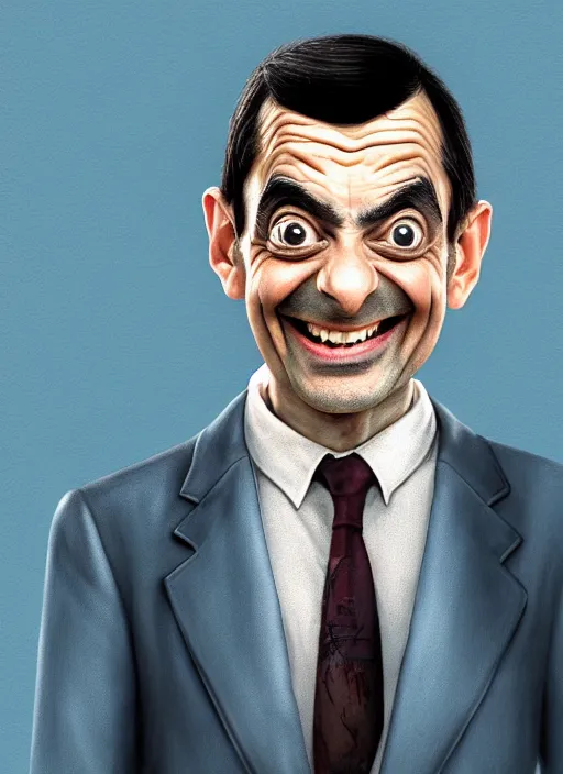 Image similar to highly detailed pencil sketch caricature portrait of smiling mr bean waiter by ross tran, by greg rutkowski, brush strokes, 4 k resolution, light blue pastel background