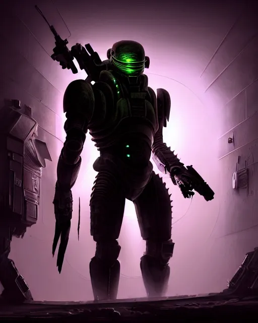 Prompt: Sci-Fi Crocodile alien, armored, big, art by Kashin, Wadim, Martinière, Stephan, holding rifle, sharp focus, pitch black cursed evil Spaceship hallway, dark light, soft purple glow, heroic pose, sci-fi artwork, octane render, dead space artwork, cyberpunk, warm light, occult, magical, volumetric lighting, 8k high definition, highly detailed, trending on art Station, centered, by Greg Rutkovski, sci-fi artwork, arnold render