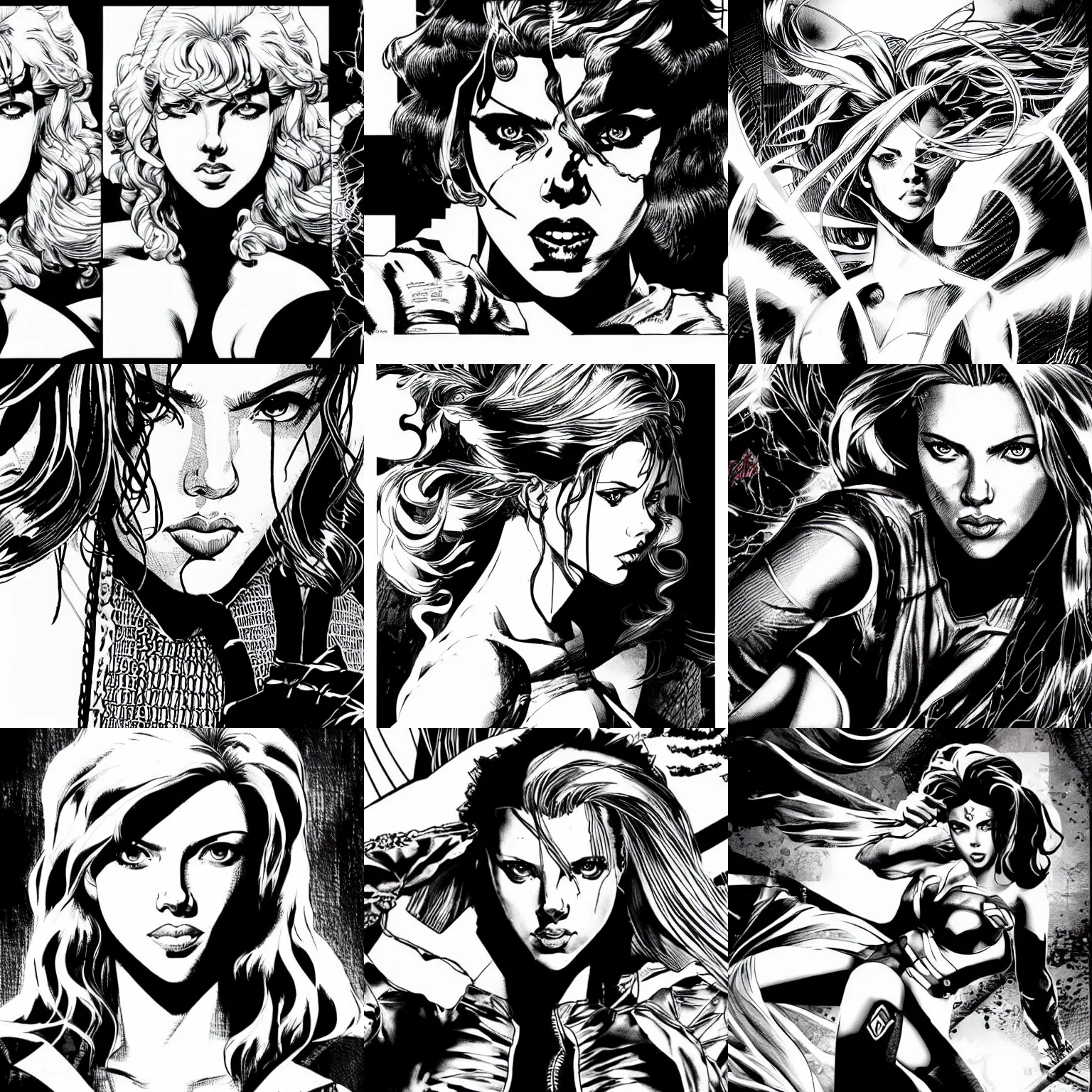 Prompt: scarlett johansson, scene by david finch, black and white, afro samurai manga style