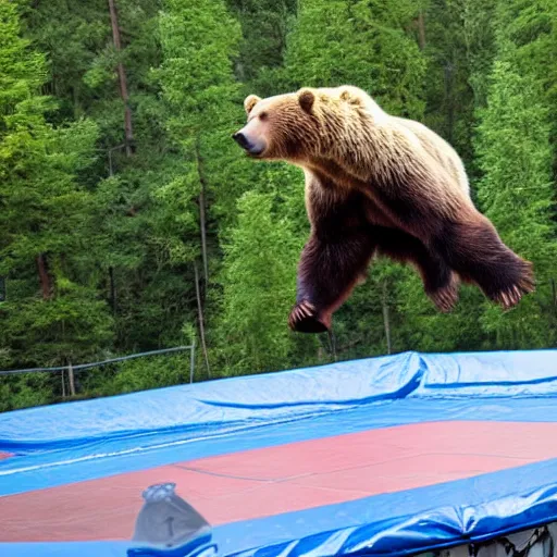 Image similar to a Giant Grizzly bear jumping on a trampoline