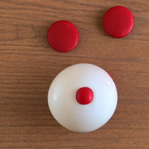 Image similar to a single red m & m candy with white arms and legs, a red sphere